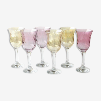 6 verres à pieds anciens couleurs irisés nacrés - vieux rose et ambre