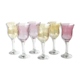 6 old pearlescent iridescent foot glasses - Old pink and amber