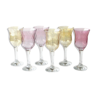 6 old pearlescent iridescent foot glasses - Old pink and amber