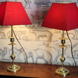 Duo of lamps in brass red lampshade