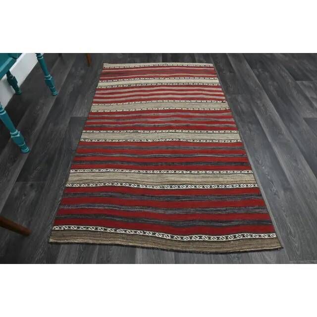 1970s Vintage Turkish Oushak Handmade Wool Cotton Red Runner Rug 125x205