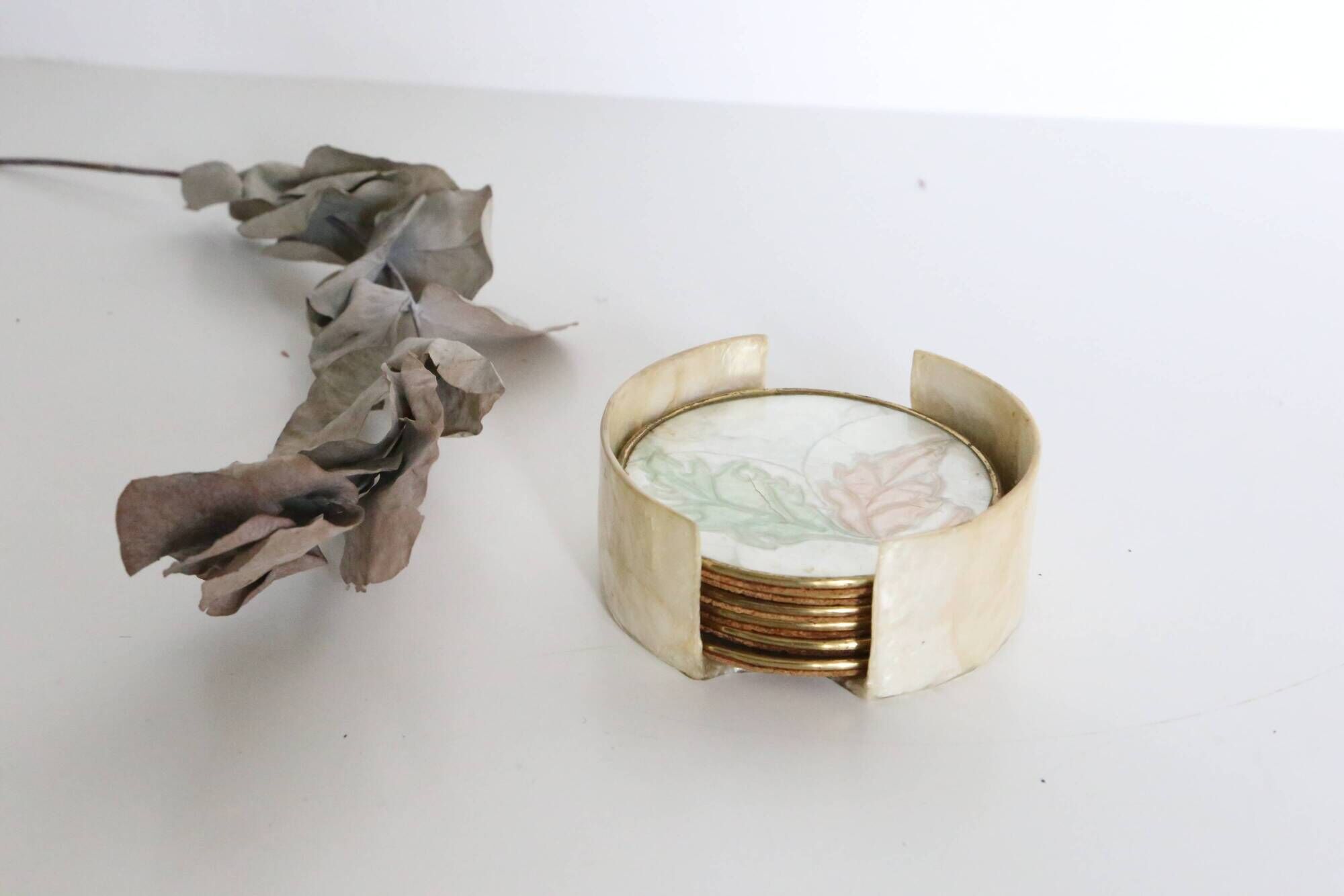 Set of 6 coasters in mother-of-pearl, brass and cork, vintage