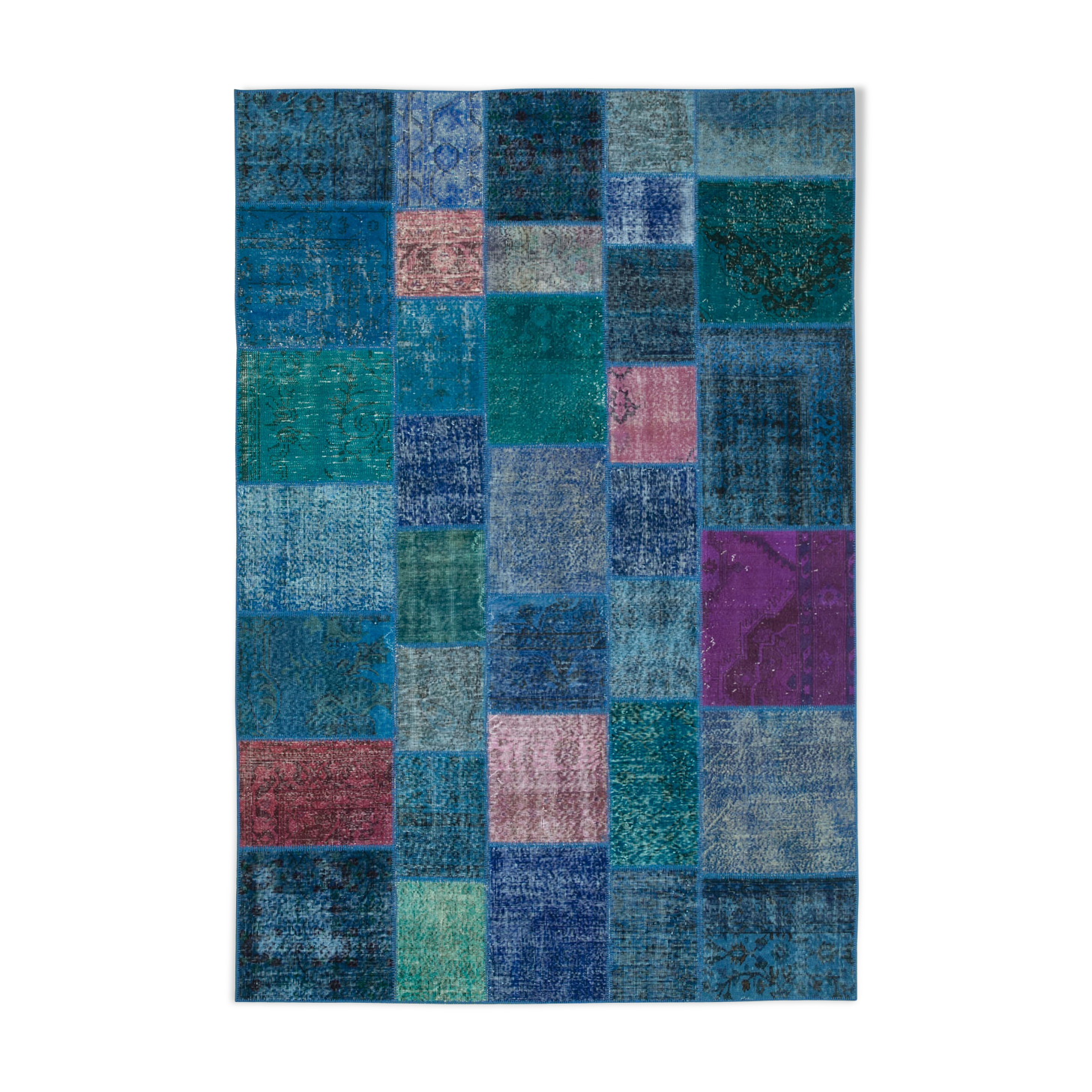 Handwoven anatolian contemporary 204 cm x 300 cm blue patchwork carpet