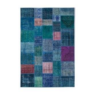 Handwoven anatolian contemporary 204 cm x 300 cm blue patchwork carpet