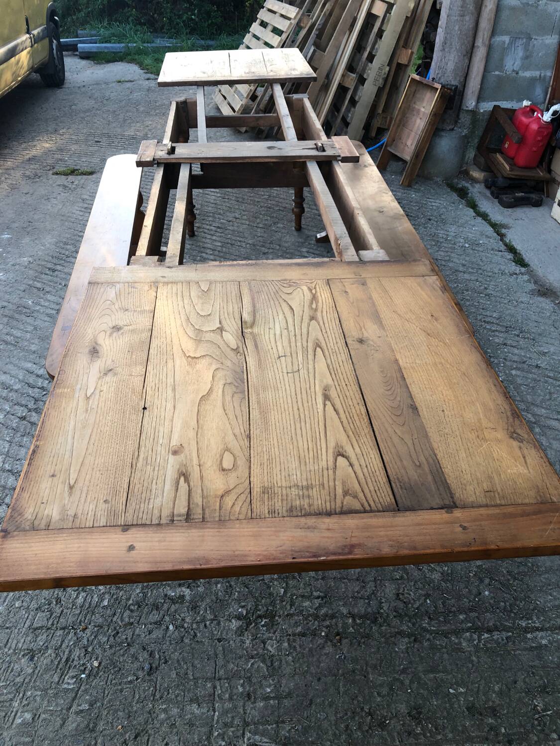 Antique farmhouse table in solid cherry wood with its 2 benches