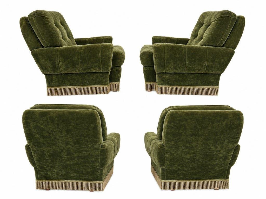 Ensemble de 2 chaises/fauteuils simples vintage verts à franges