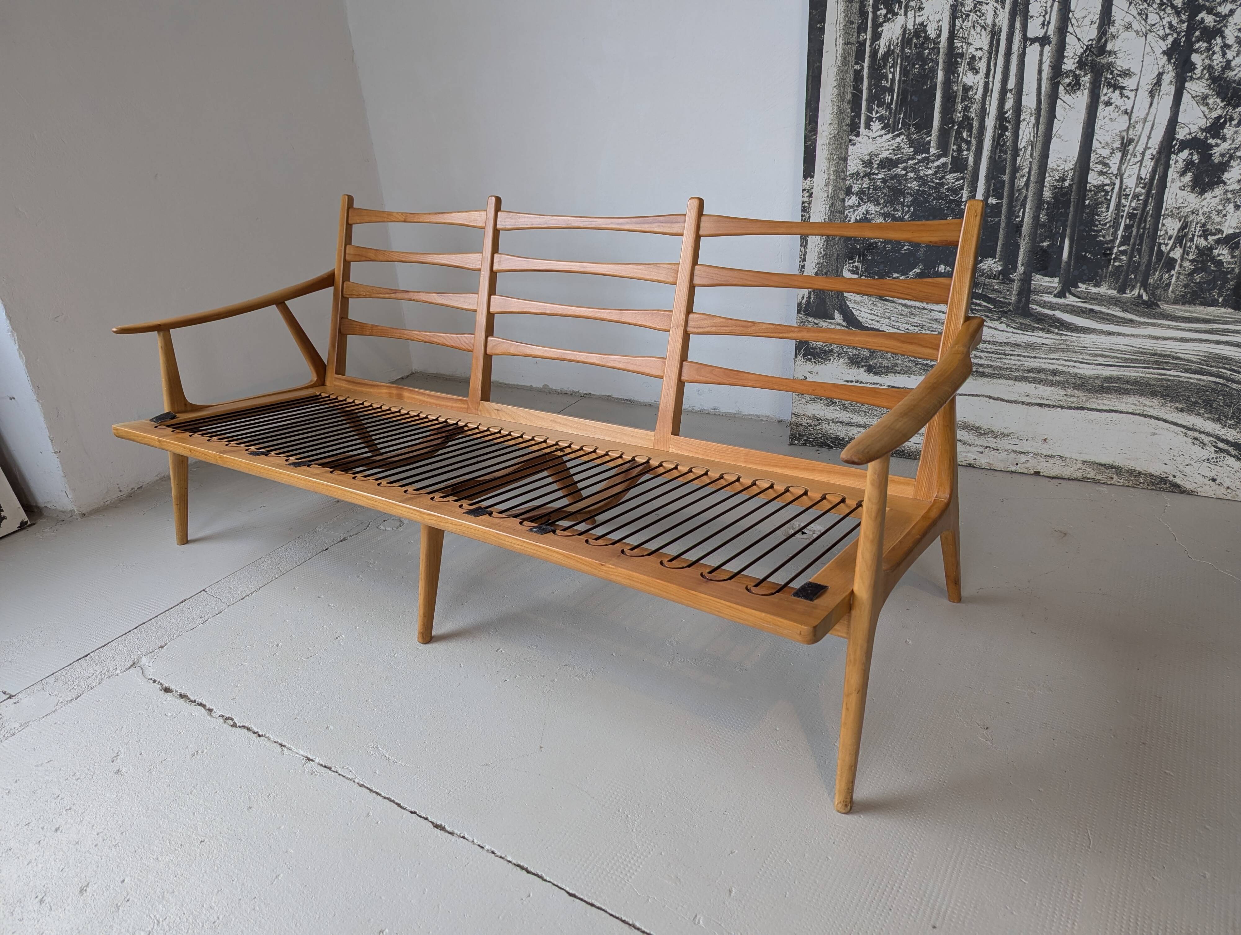 Banquette velours et bois clair, scandinave vers 1960/70