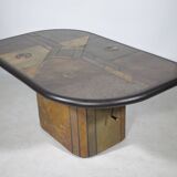 Table basse brutaliste en pierre, cuivre et laiton par Paul Kingma, années 70-80