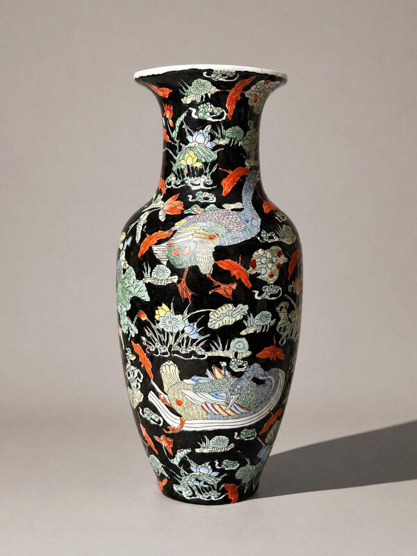 Grand vase chinois en porcelaine à décor d’oies et lotus fond noir - XXème
