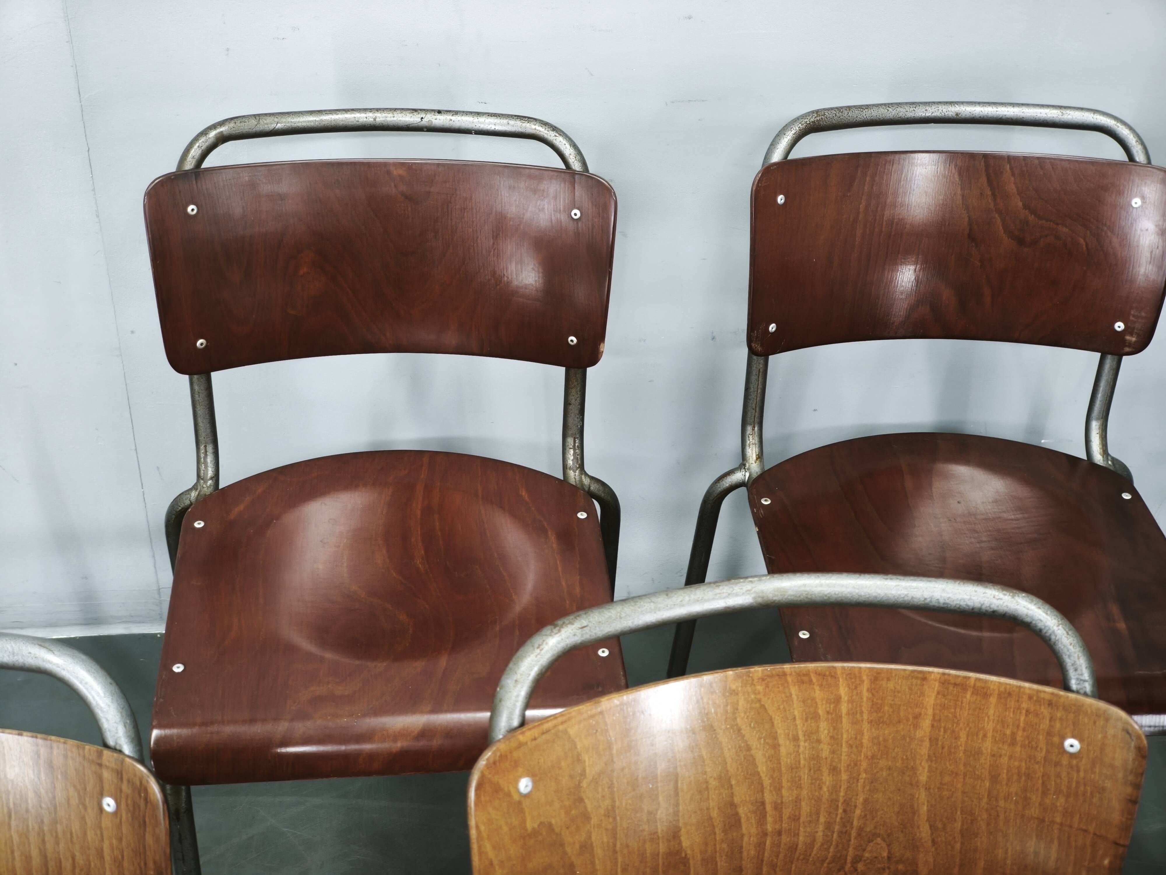Set of 6 Gispen 106 Dutch Industrial Plywood Chairs, 1960s