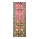 Tapis couloir vintage turc Oushak fait main en laine et coton rose 96x242