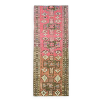 Tapis couloir vintage turc Oushak fait main en laine et coton rose 96x242