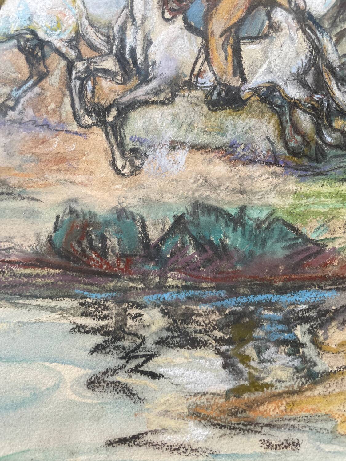 Pastel painting of a horseman scene