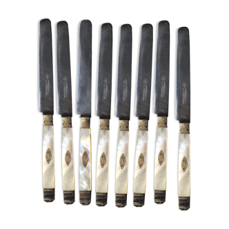 Set of 8 19th-century monogrammed mother-of-pearl handles