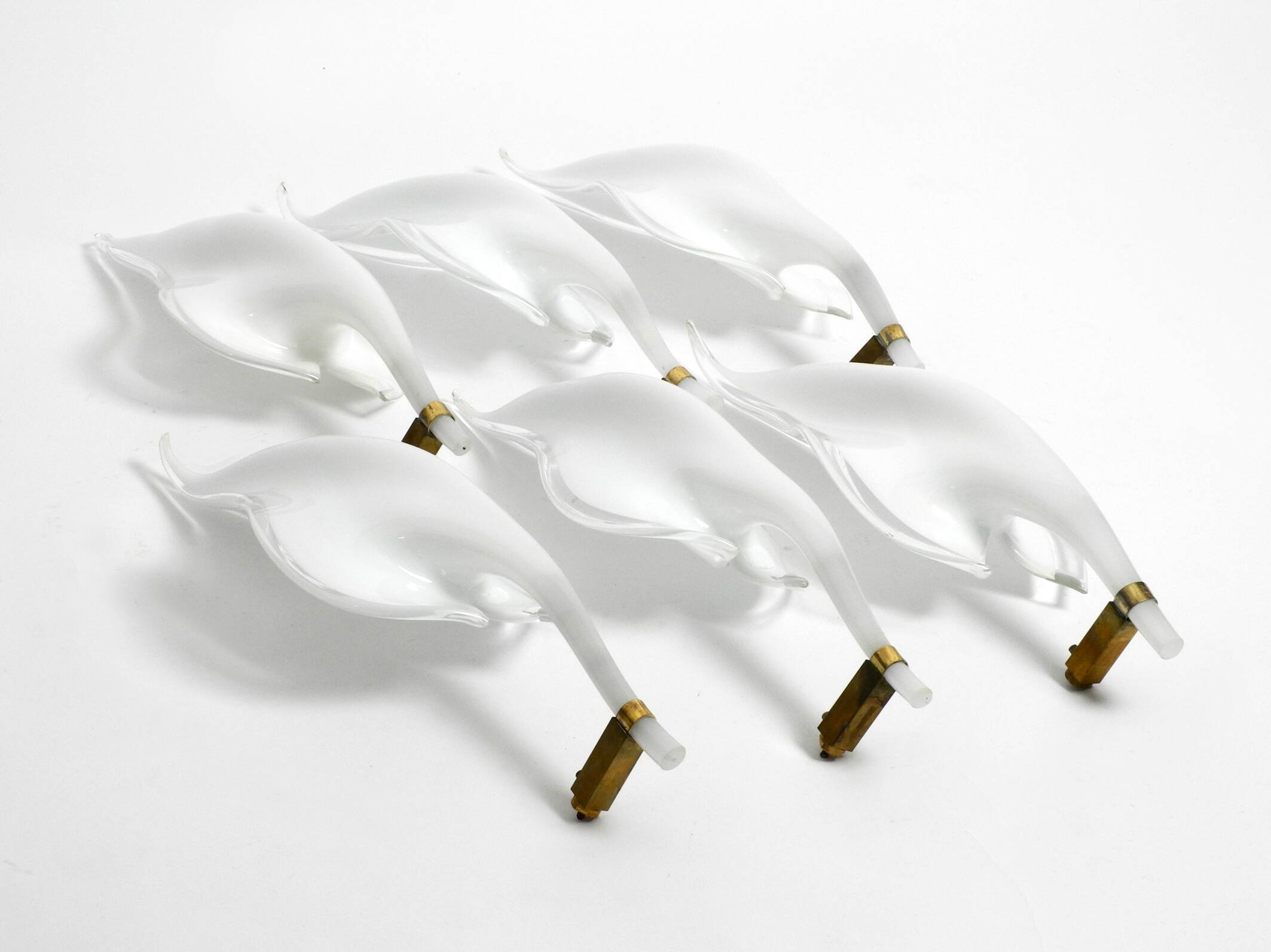 50s brass chandelier with white and transparent Murano glasses Franco Luce