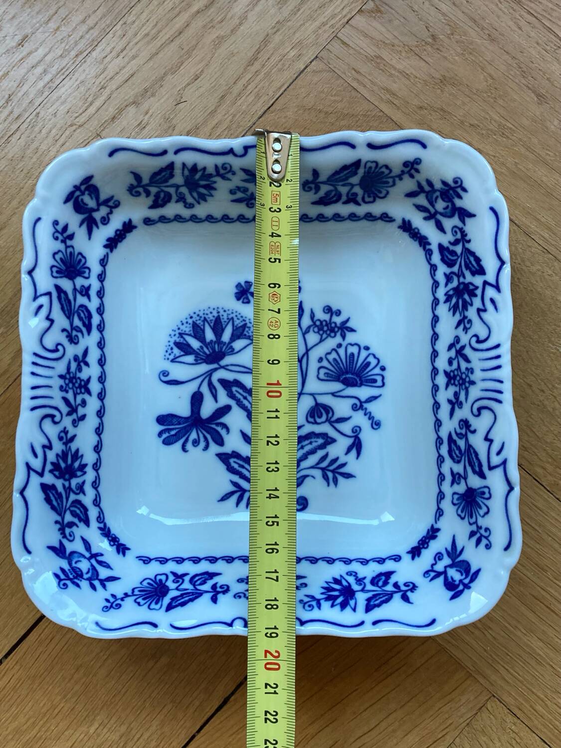 Square blue and white Czech porcelain salad bowl