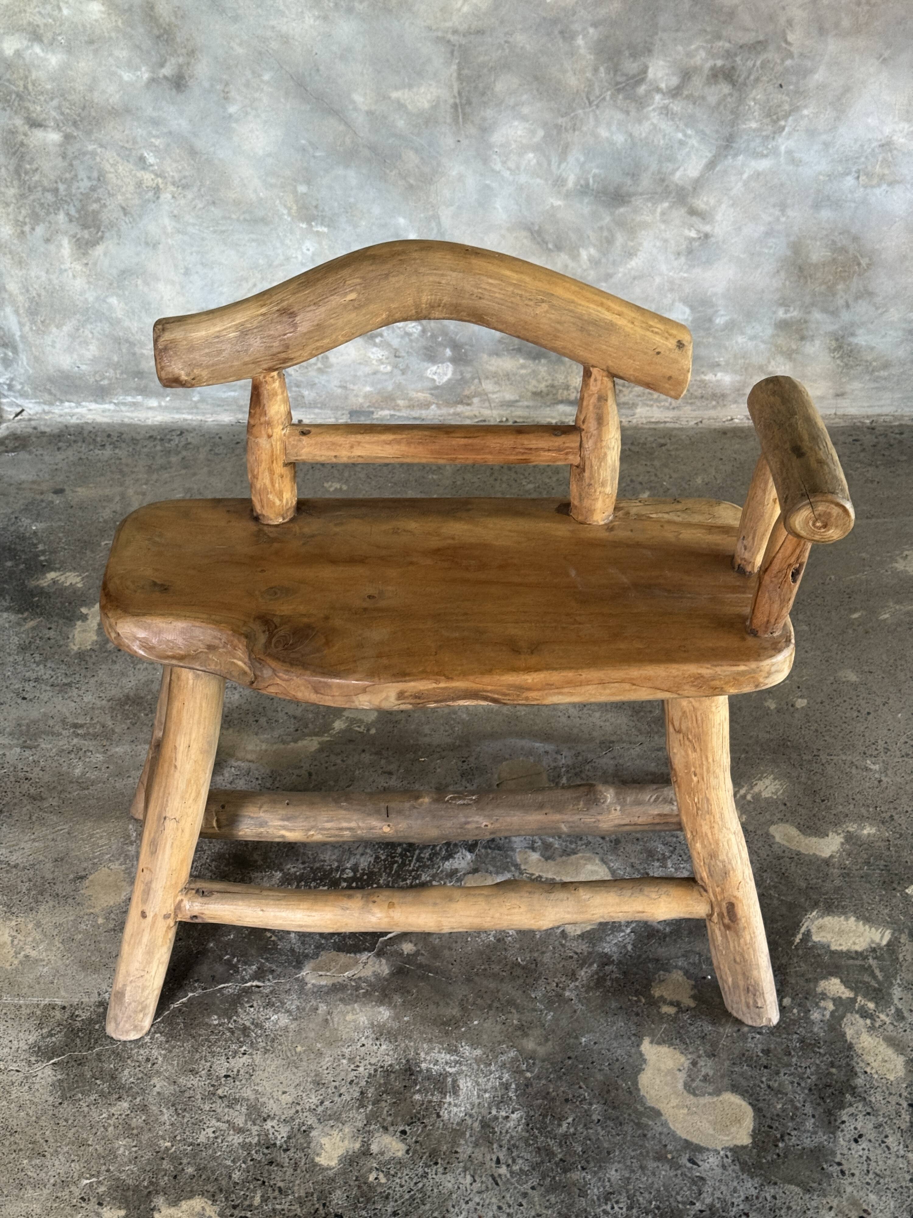 Small brutalist bench with backrest and armrests in Asian blonde teak H67 L6