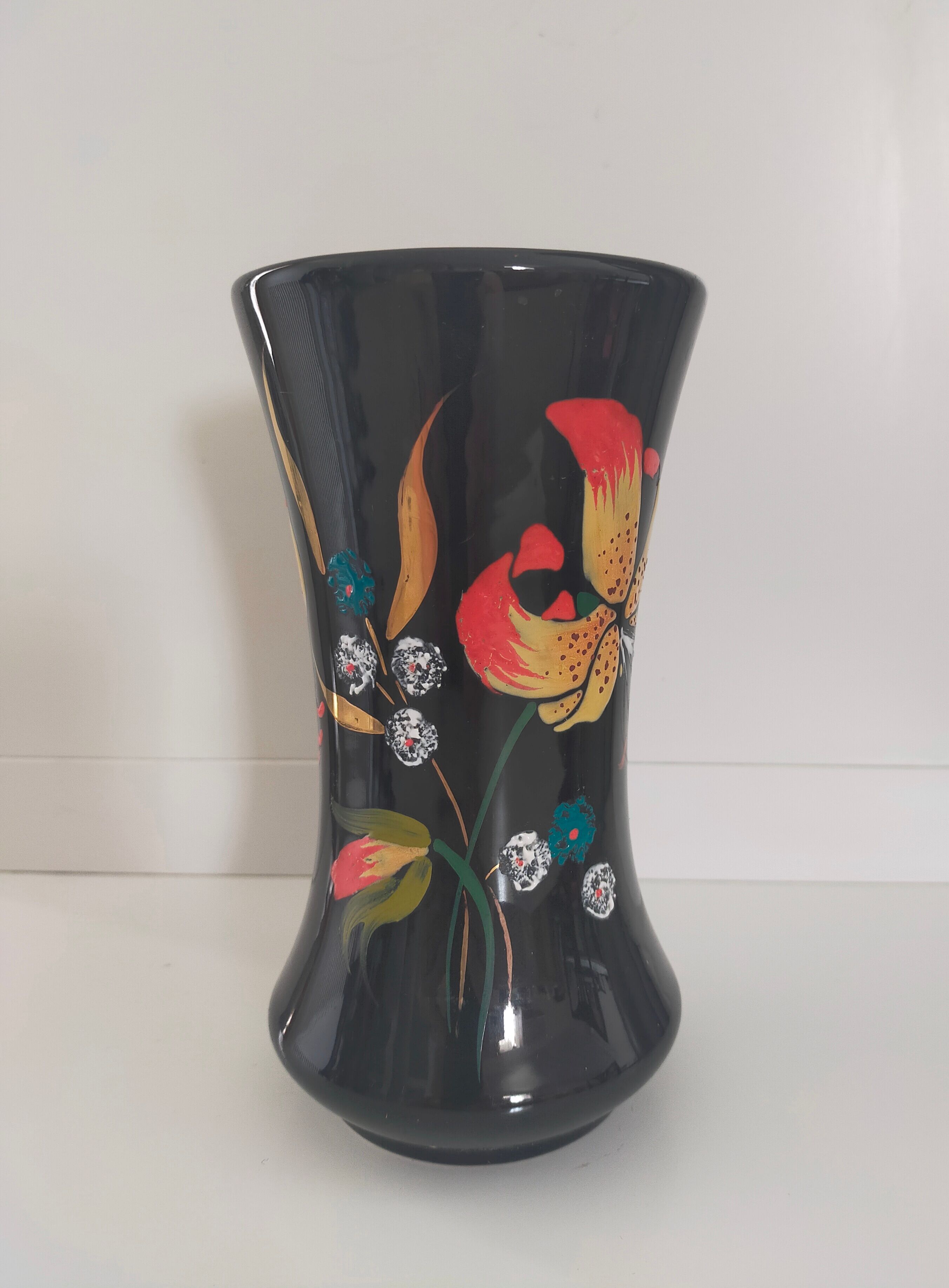 Longwy, Louis Valenti Black vase decorated with tiger lilies in polychrome enamels