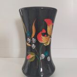 Longwy, Louis Valenti Black vase decorated with tiger lilies in polychrome enamels