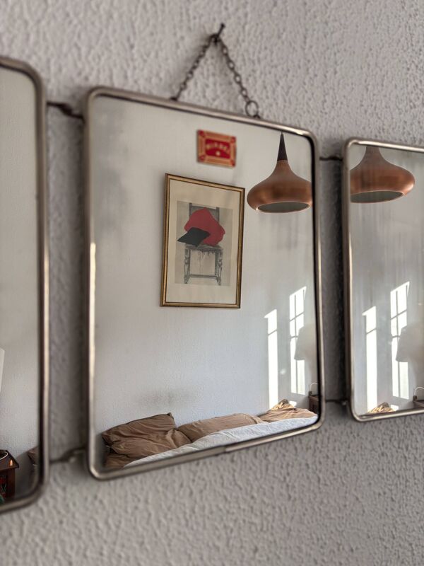 Miroir vintage 1960 triptyque barbier Mirbel simili lézard bleu Klein  - 27