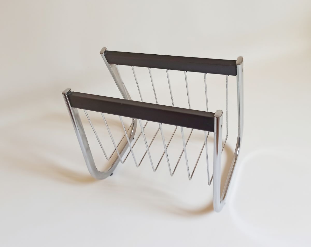 Magazine holder chrome metal and wood 70s