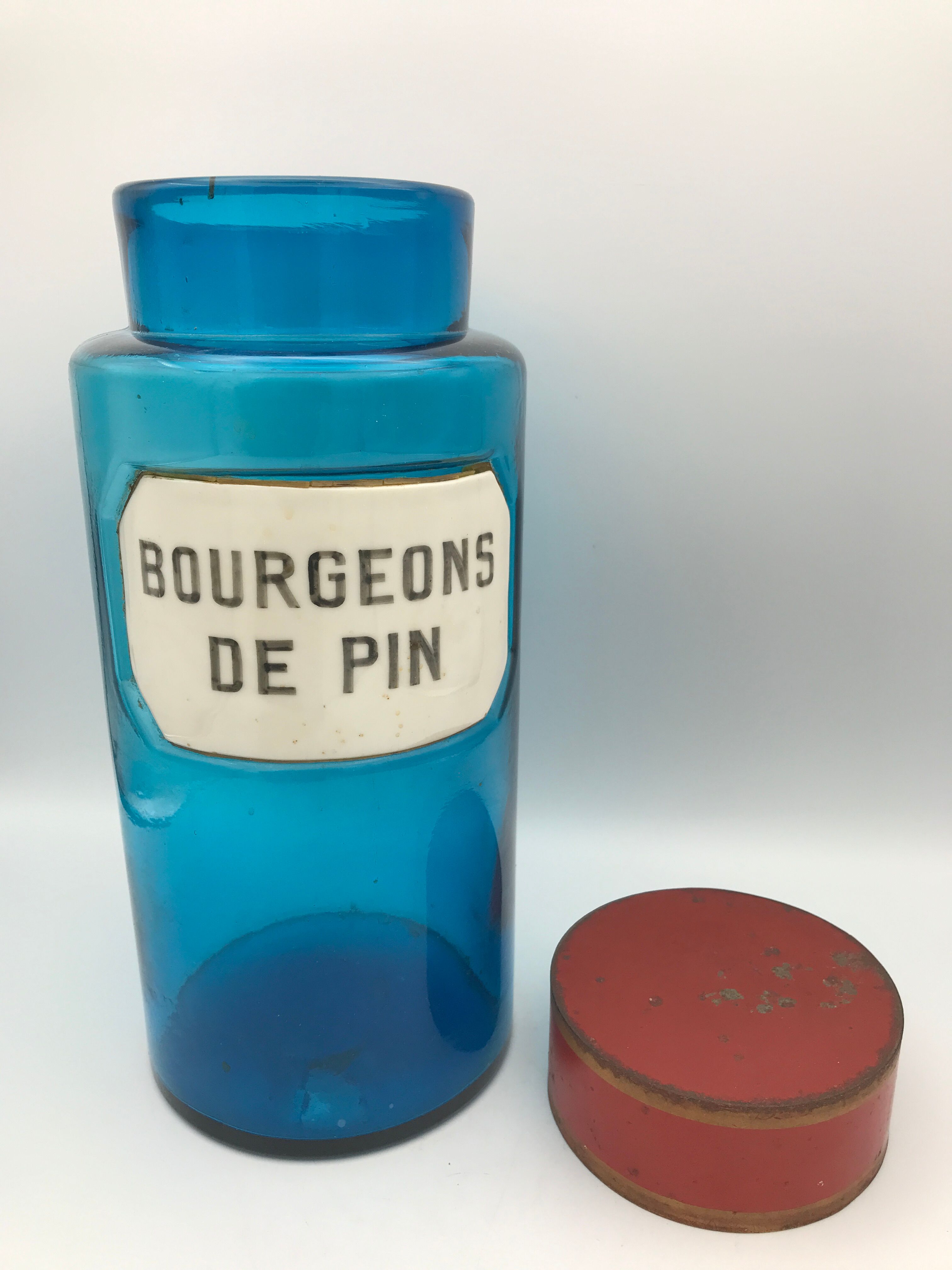Flacon bocal de pharmacie apothicaire en verre bleu, plaque bourgeons de pin, 26,5 cm