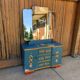 Vintage wooden dressing table painted blue with floral decoration, triptych mirror, 1940s.