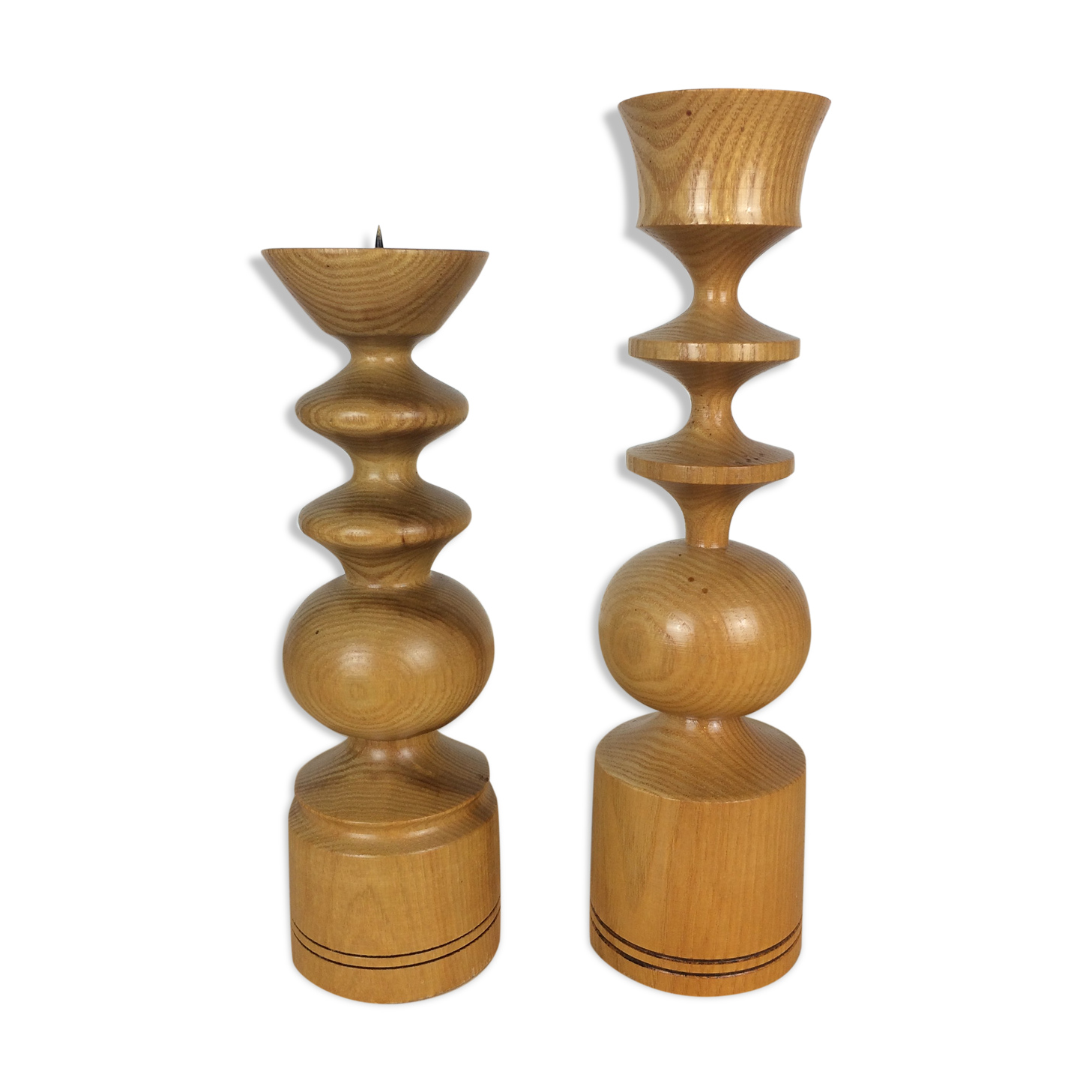 Pair of Scandinavian turned wooden candle holders