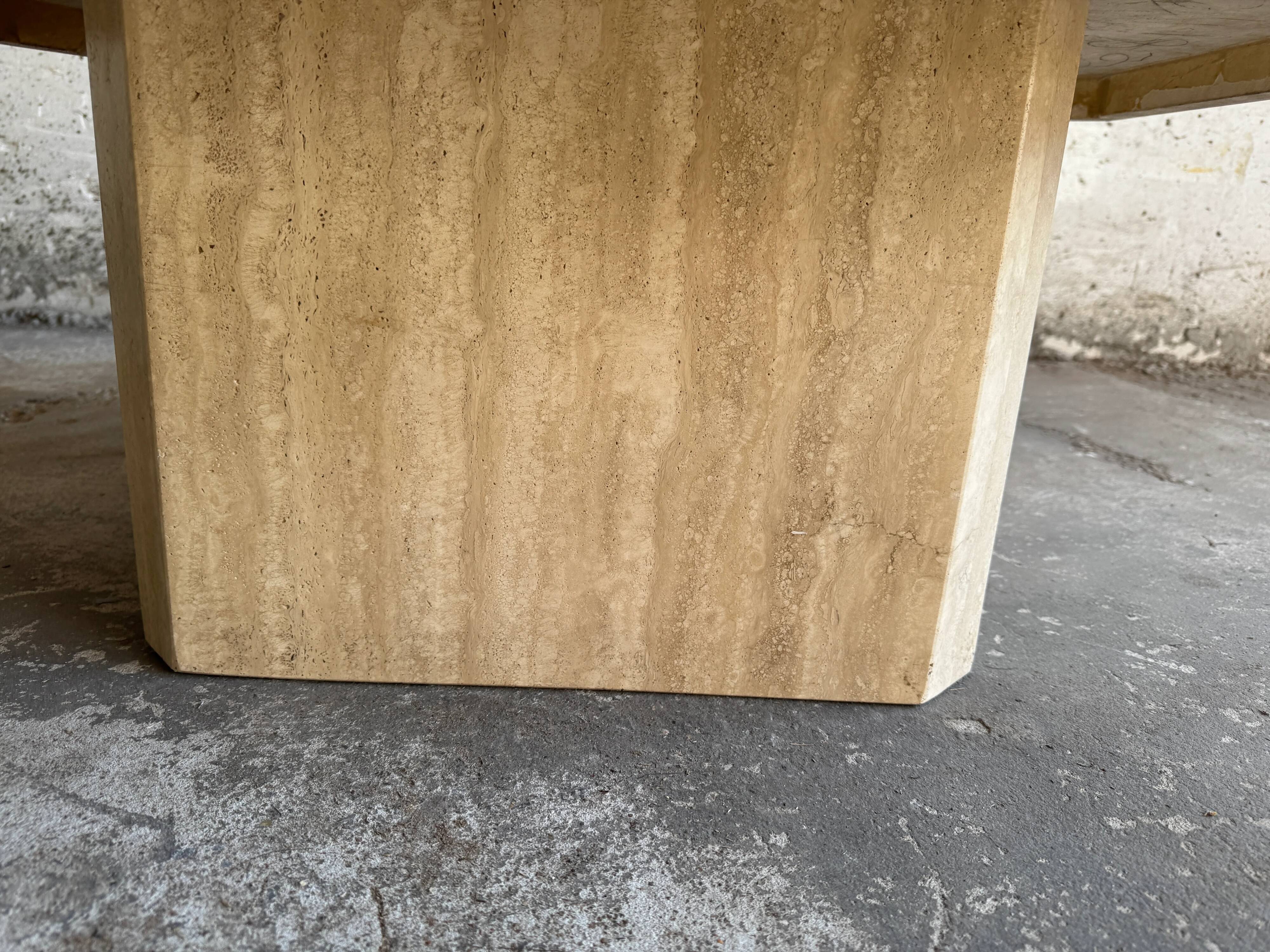 Beige Travertine Sculptural Coffee Table — Hexagonal Solid Natural Stone, Brutalist Design