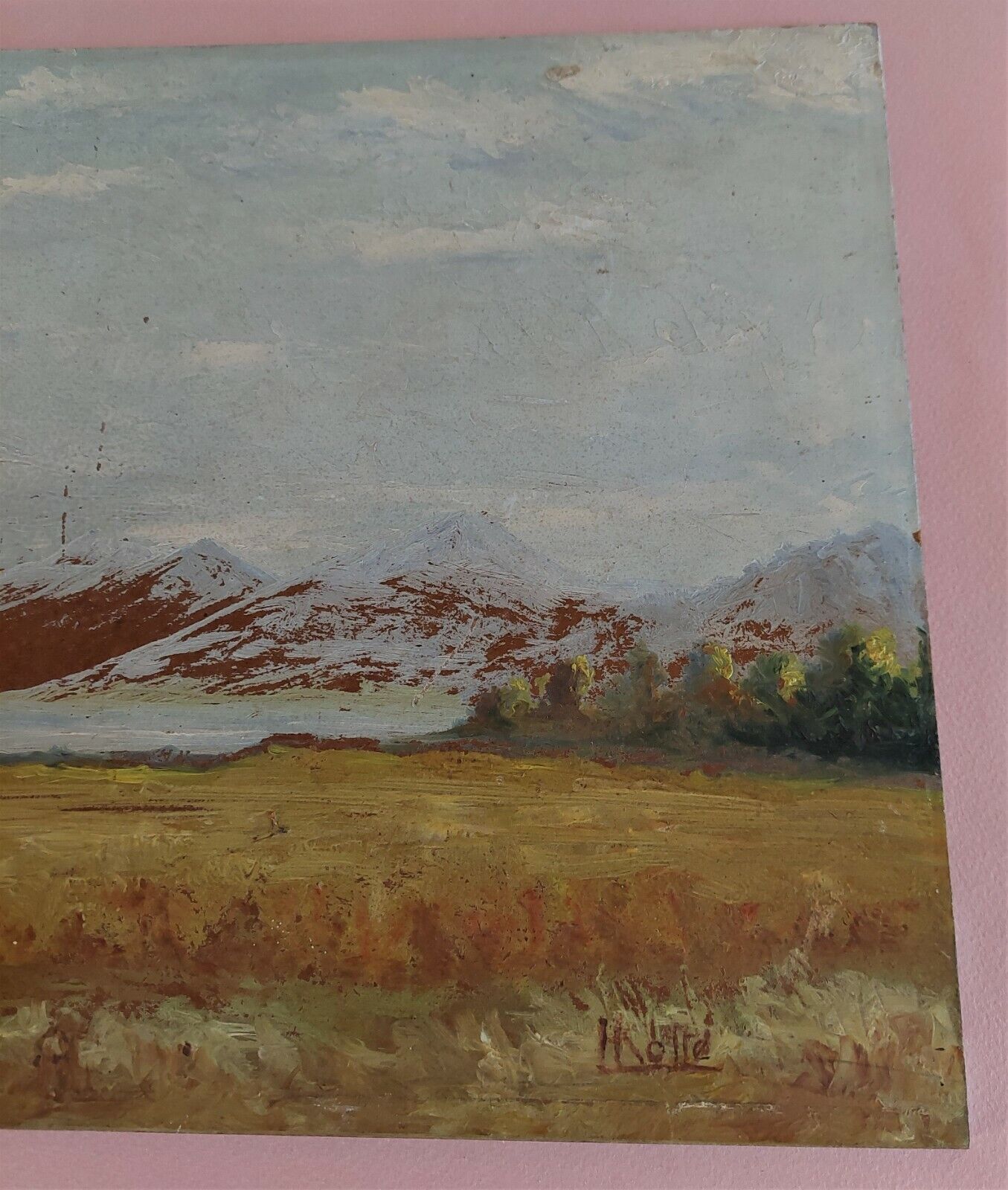 Painting oil on panel landscape mountains signed