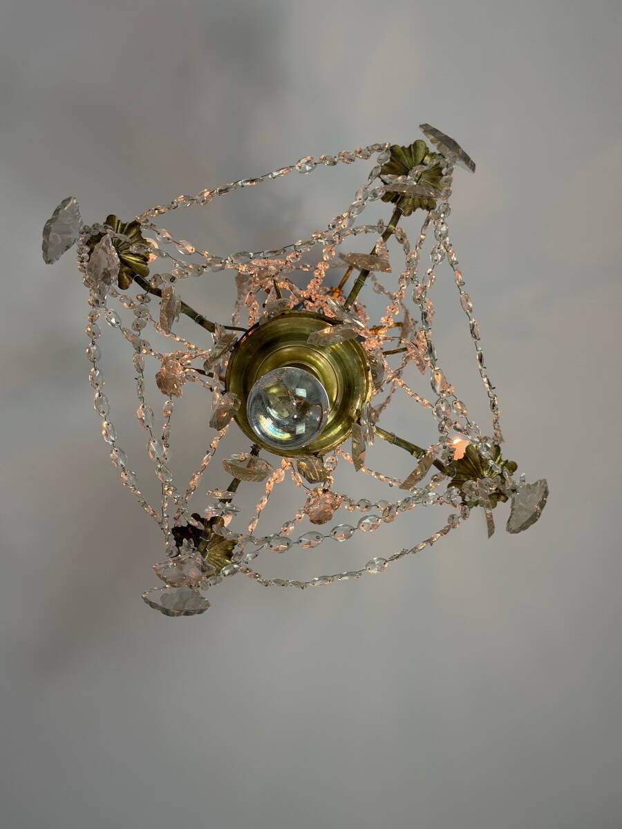 Bronze chandelier with cut crystal pendants, circa 1800.