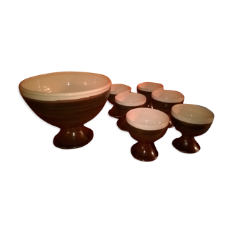 1 bowl and 6 cups, turned by a potter, enamelled