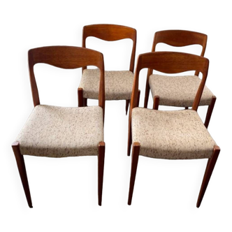 Rare - Suite de 4 chaises design vintage en teck et tweed beige- dans le goût du designer danois Niels Otto Moller - 60’s