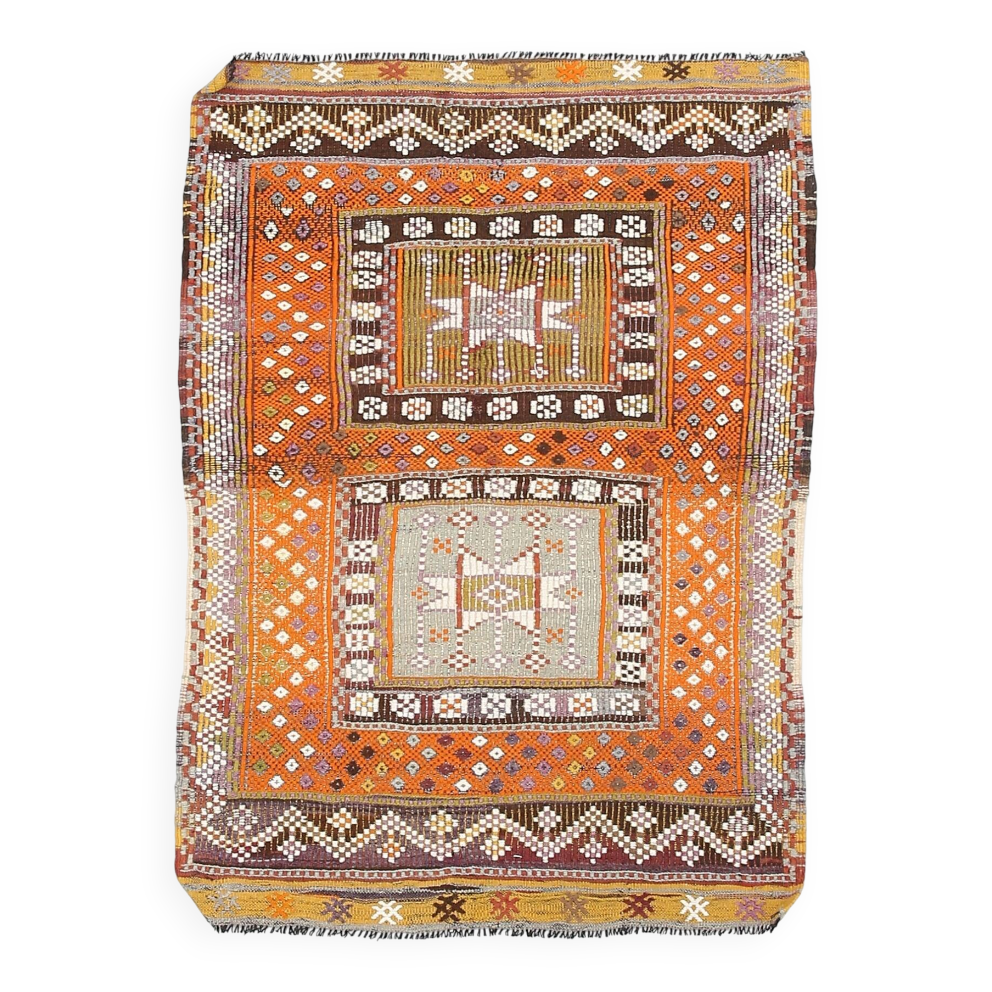 3x5 Orange & Green Small Size Vintage Kilim Rug, 102x141Cm