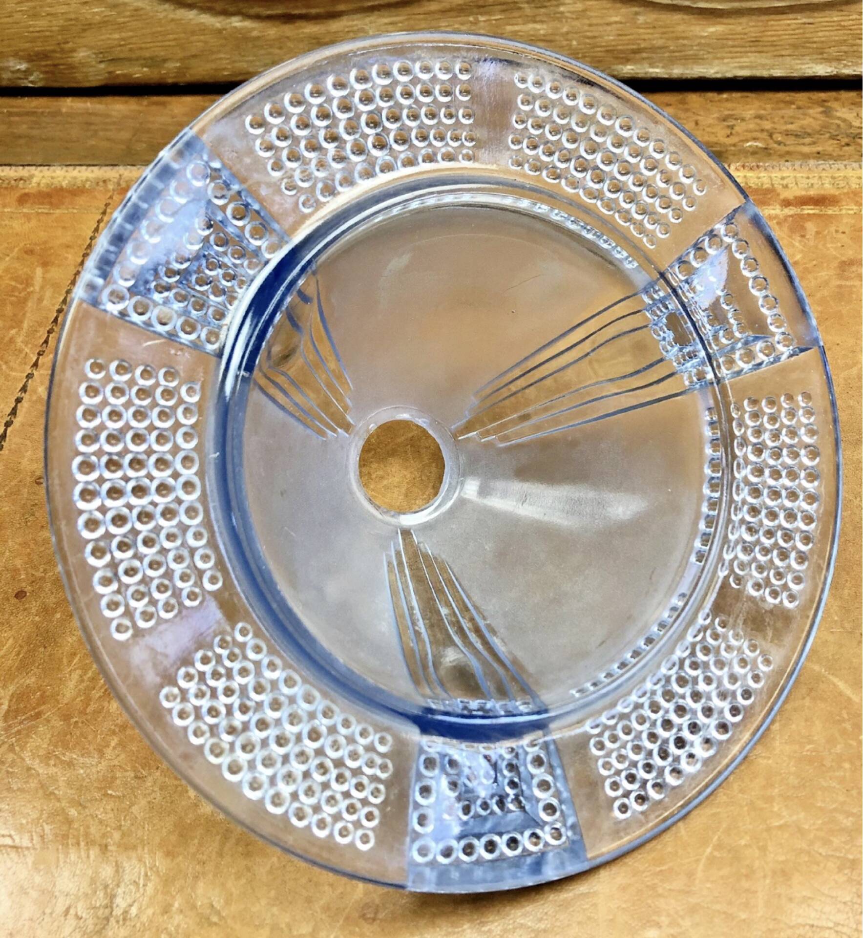 Antique Art Deco lamp from the 1930s, wrought iron with a blue basin in the Ezan style.