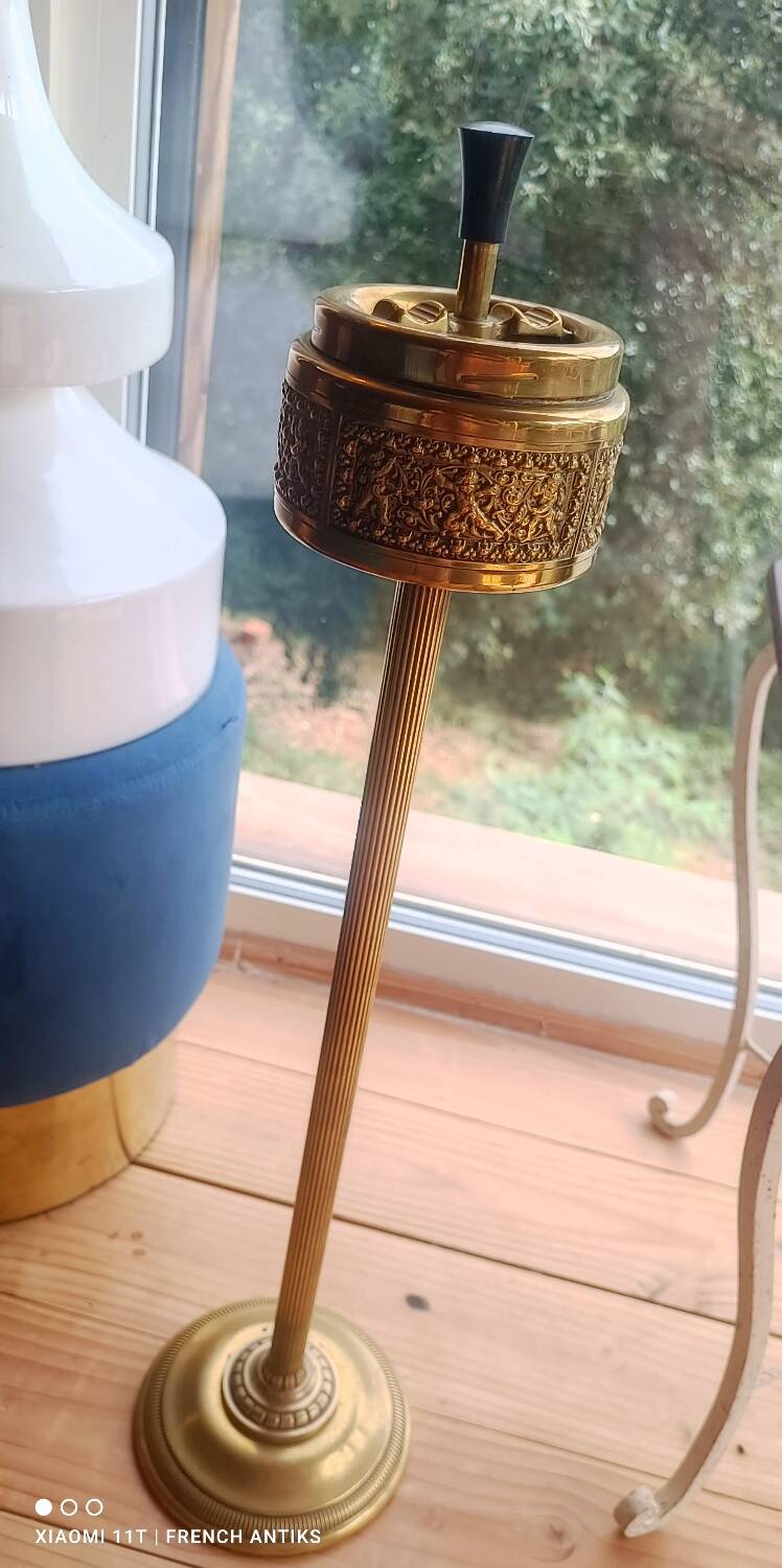 Vintage 1950s carved copper ashtray on stand. Handmade. Sublime