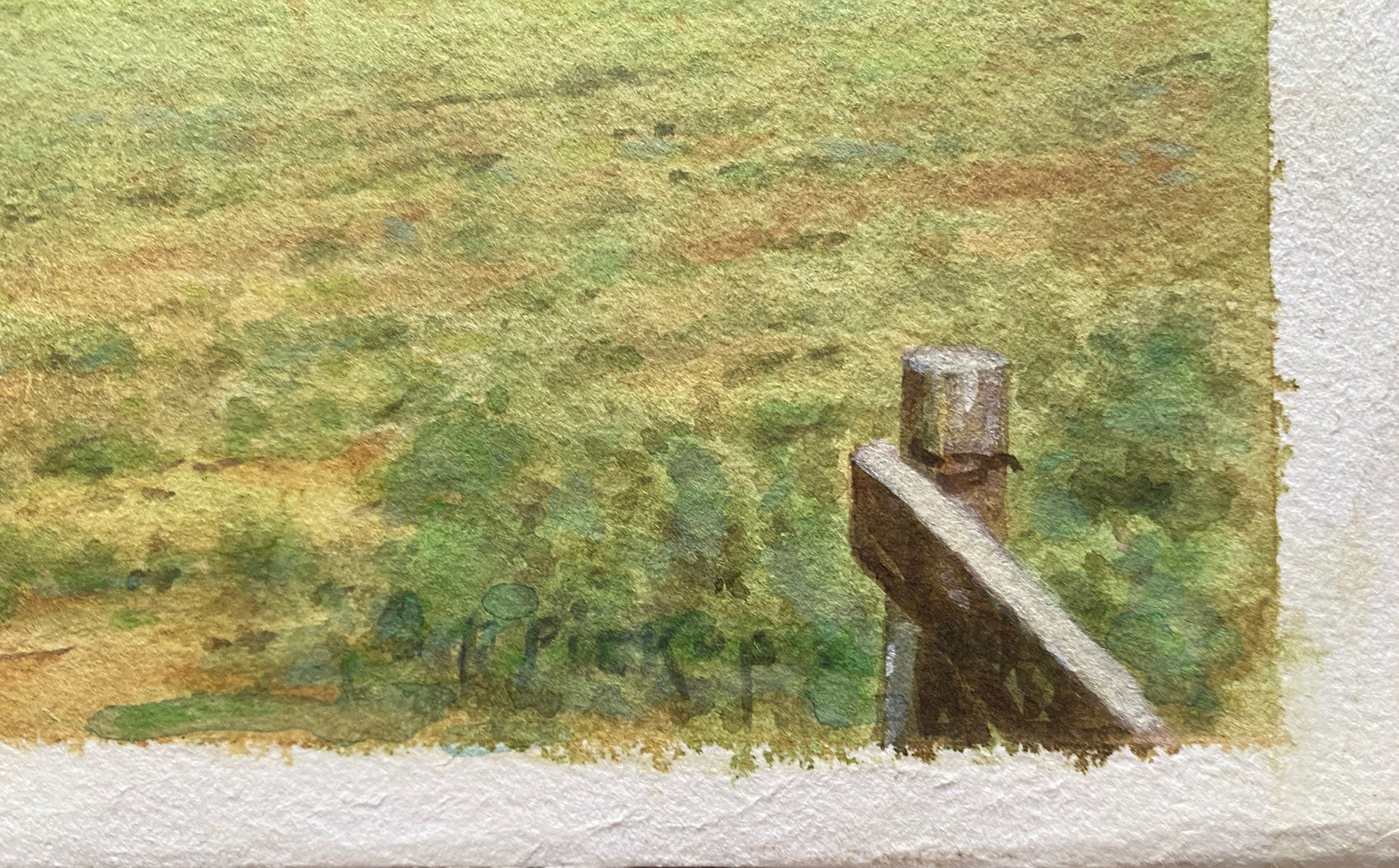 Watercolor painting "Countryside landscape with village and pasture" signed Pickop