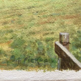 Watercolor painting "Countryside landscape with village and pasture" signed Pickop