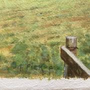 Watercolor painting "Countryside landscape with village and pasture" signed Pickop