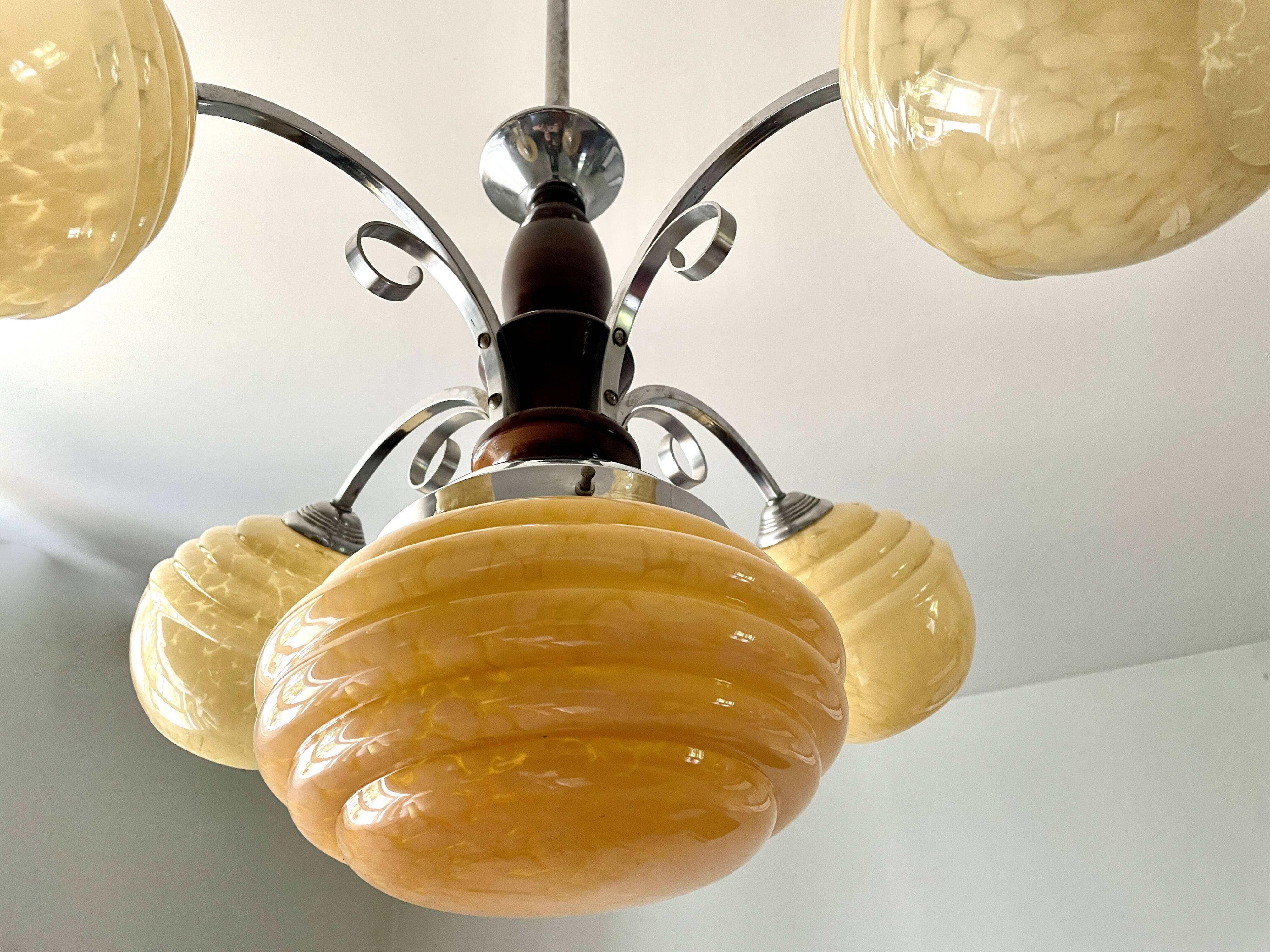 Lustre Art Déco bois et chrome verre de Clichy