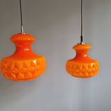 Pair of Space Age pendant lights in orange opaline, Peill & Putzler, 1970