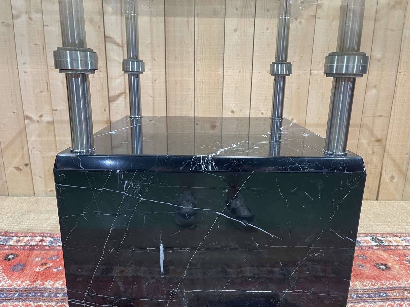 1970s square dining table, marble base and beveled glass top