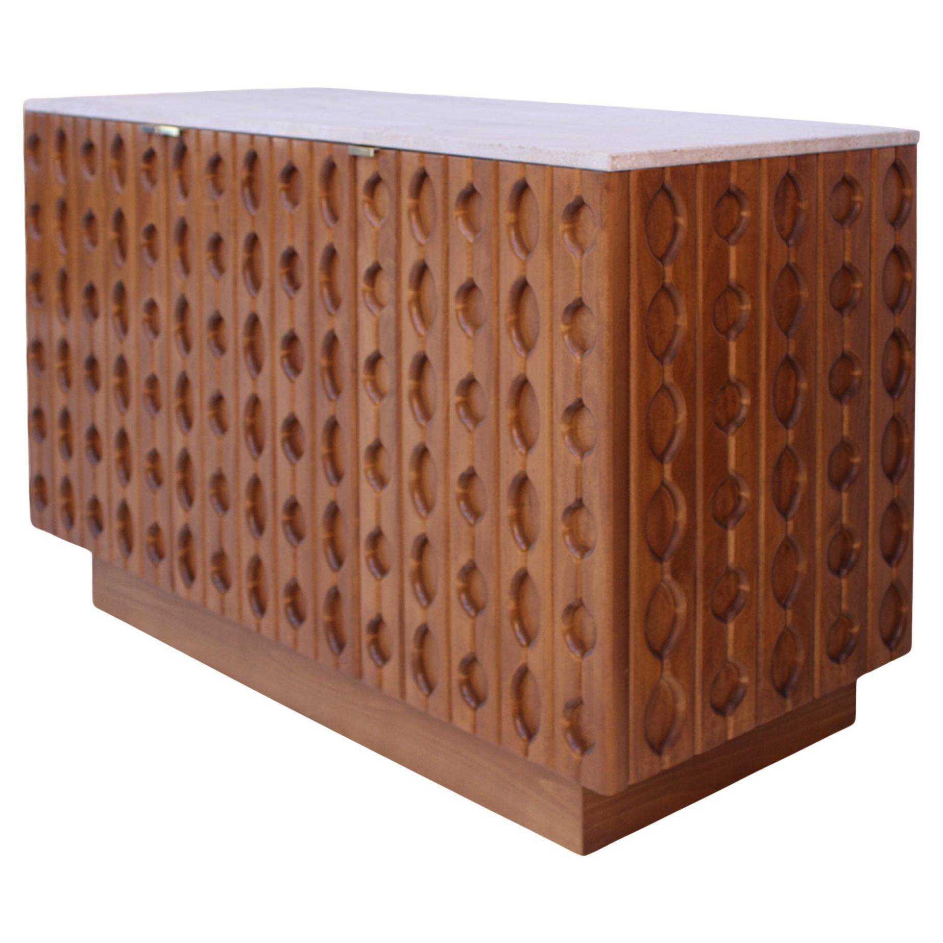 Italian Sideboard Made of Solid Wood and Travertine, Contemporary Cabinet