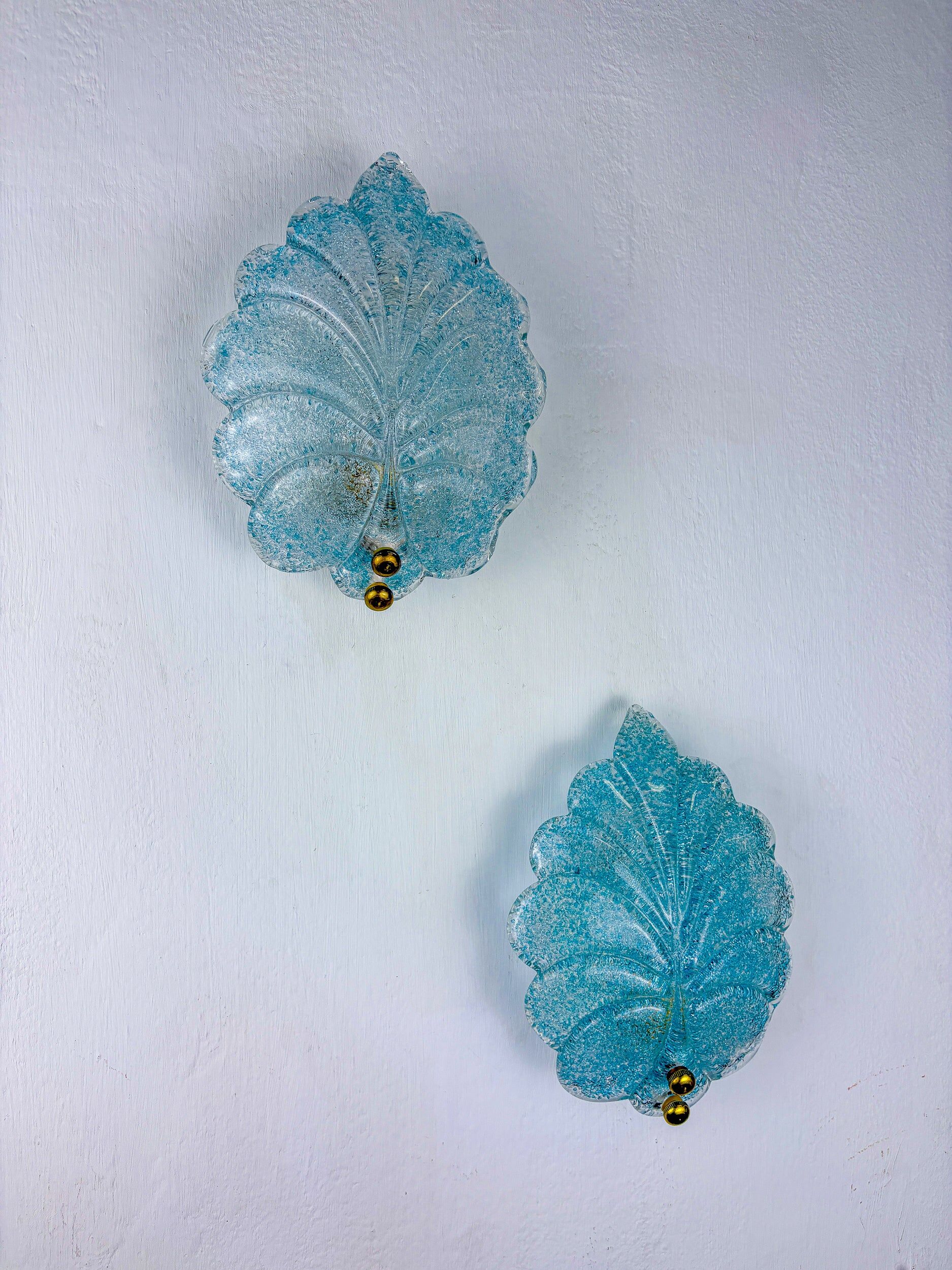 Pair of Barovier & Toso leaf-shaped wall sconces, light blue Murano glass, Italy, 1960s