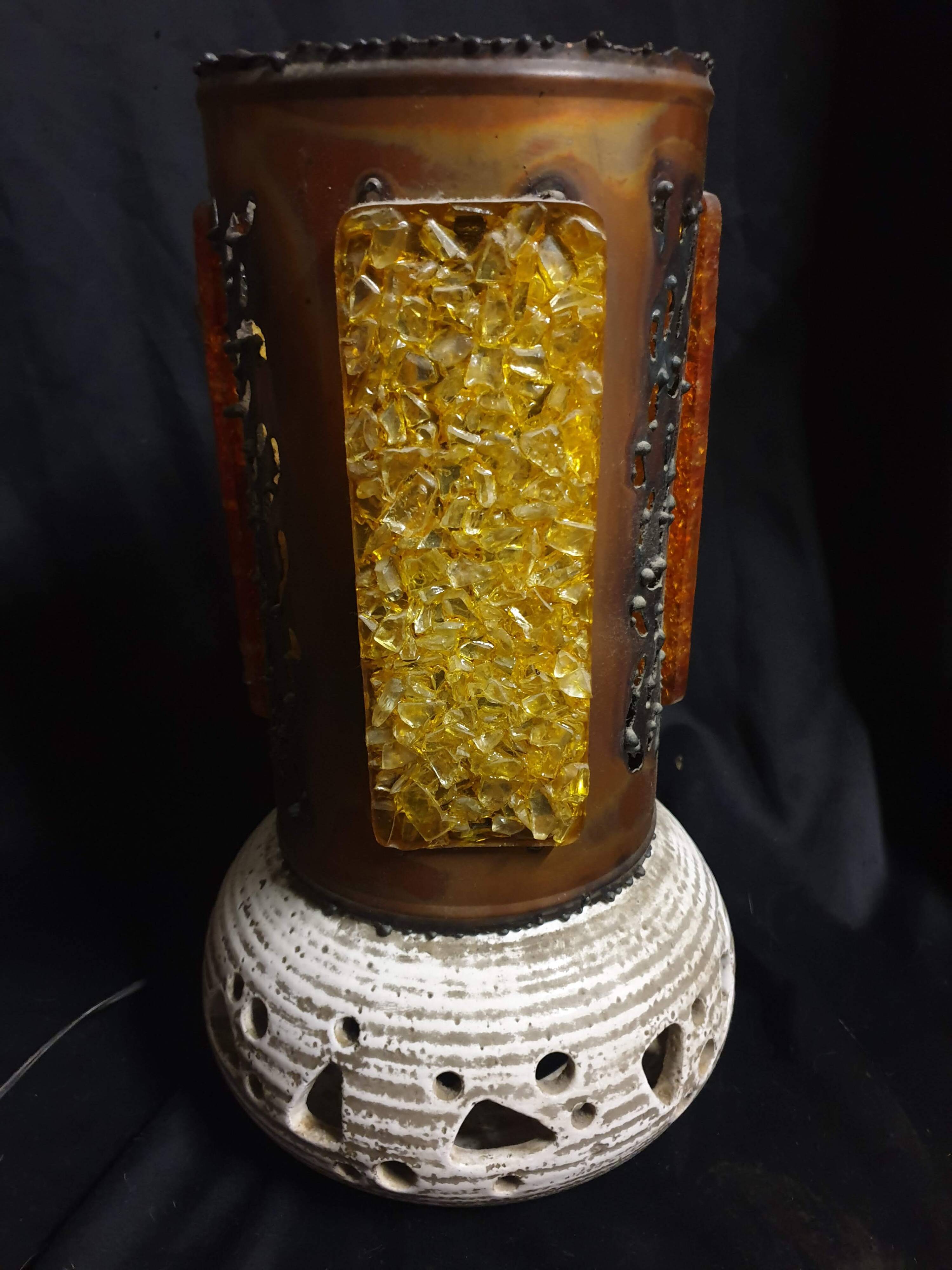 Grande lampe brutaliste signée accolay – céramique et résine – vintage 1960