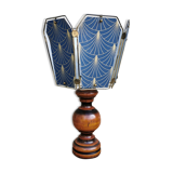 Table lamp, old turned wooden foot, metal lampshade and art deco print
