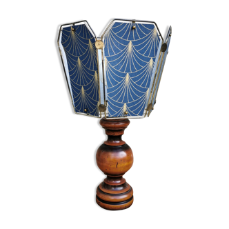 Table lamp, old turned wooden foot, metal lampshade and art deco print