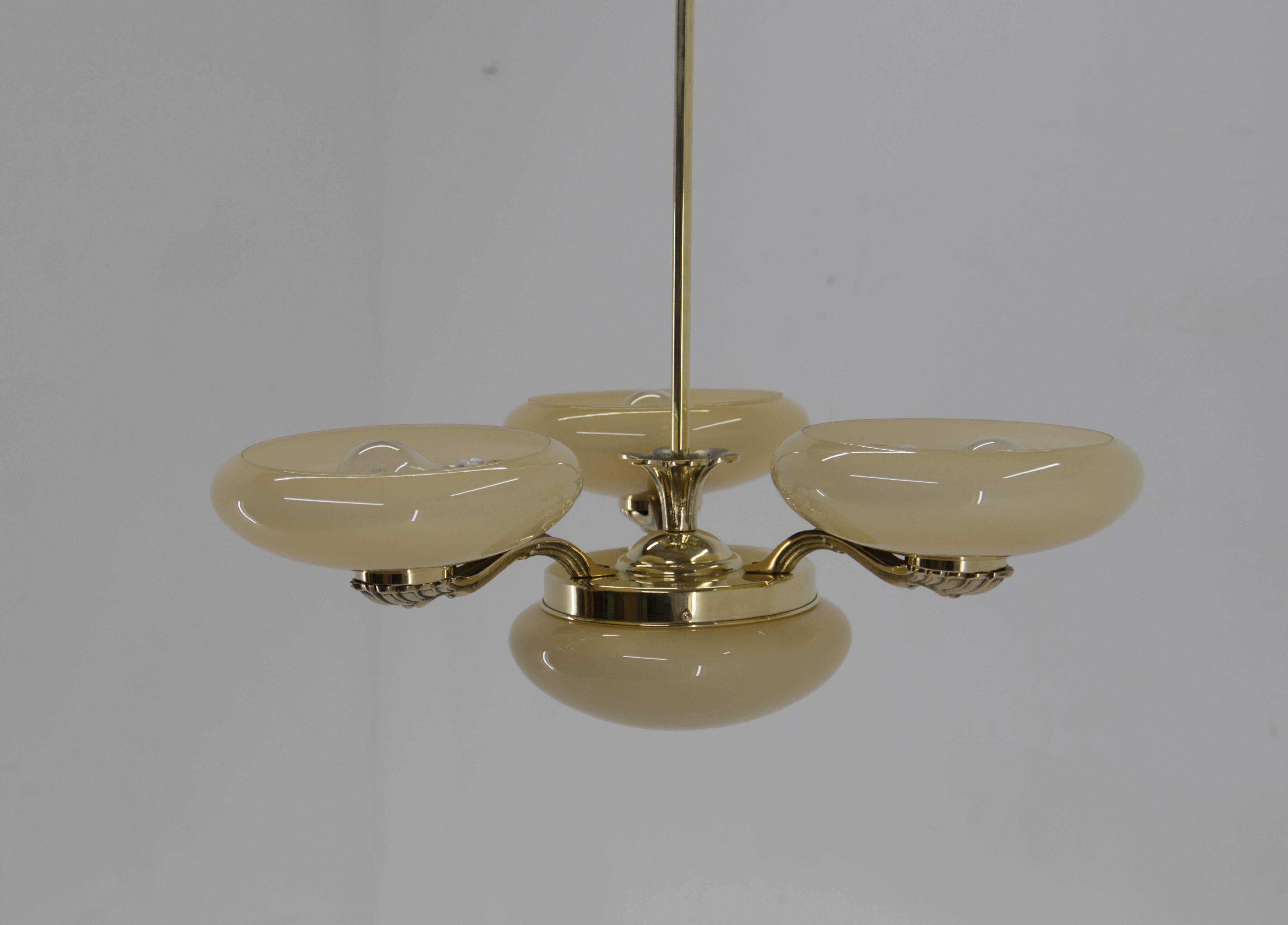 Art Nouveau Brass and Glass Chandelier, 1920s, Perfect Condition
