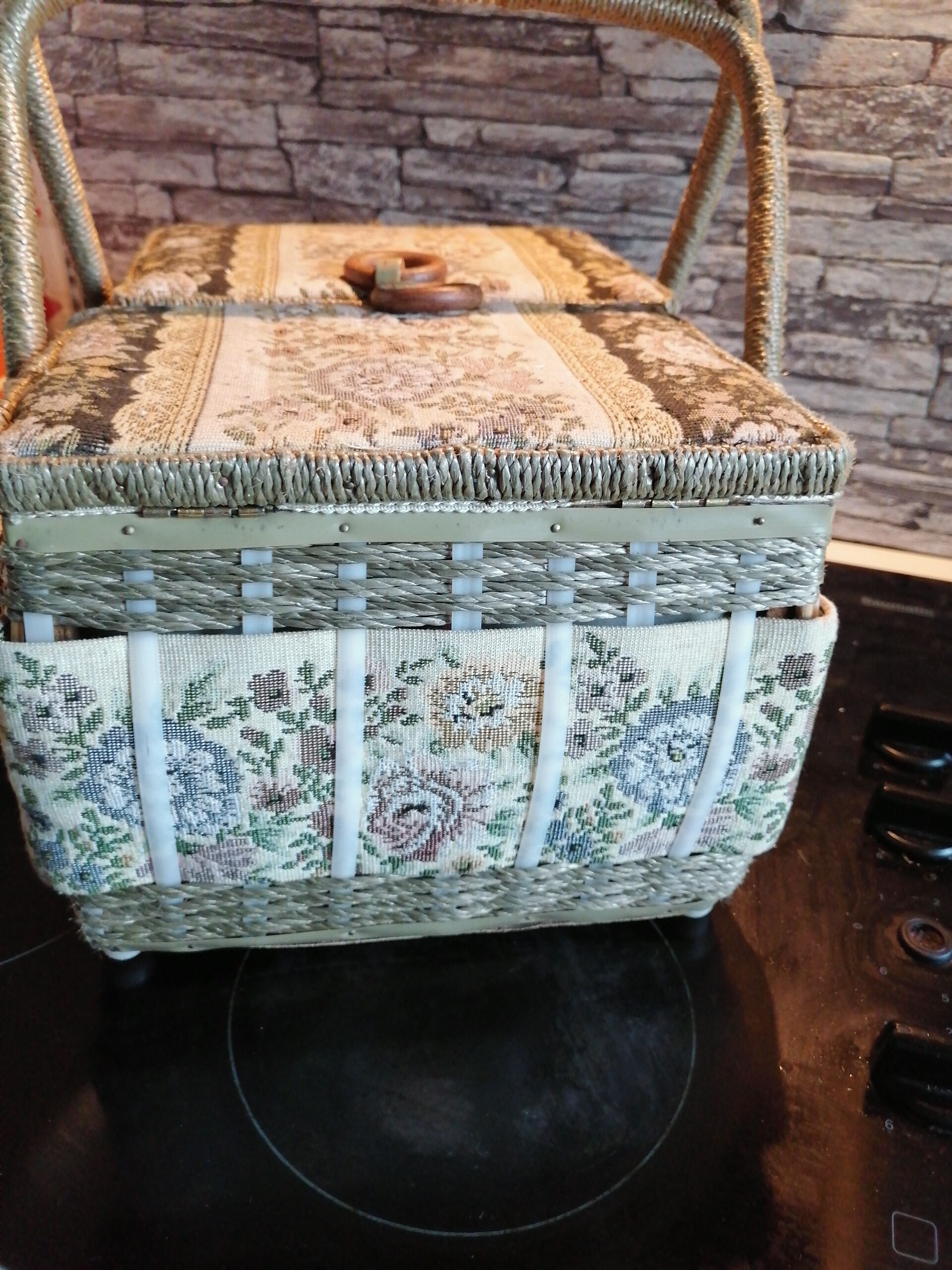 Box basket sewing 2 handles fabric 1960 1970