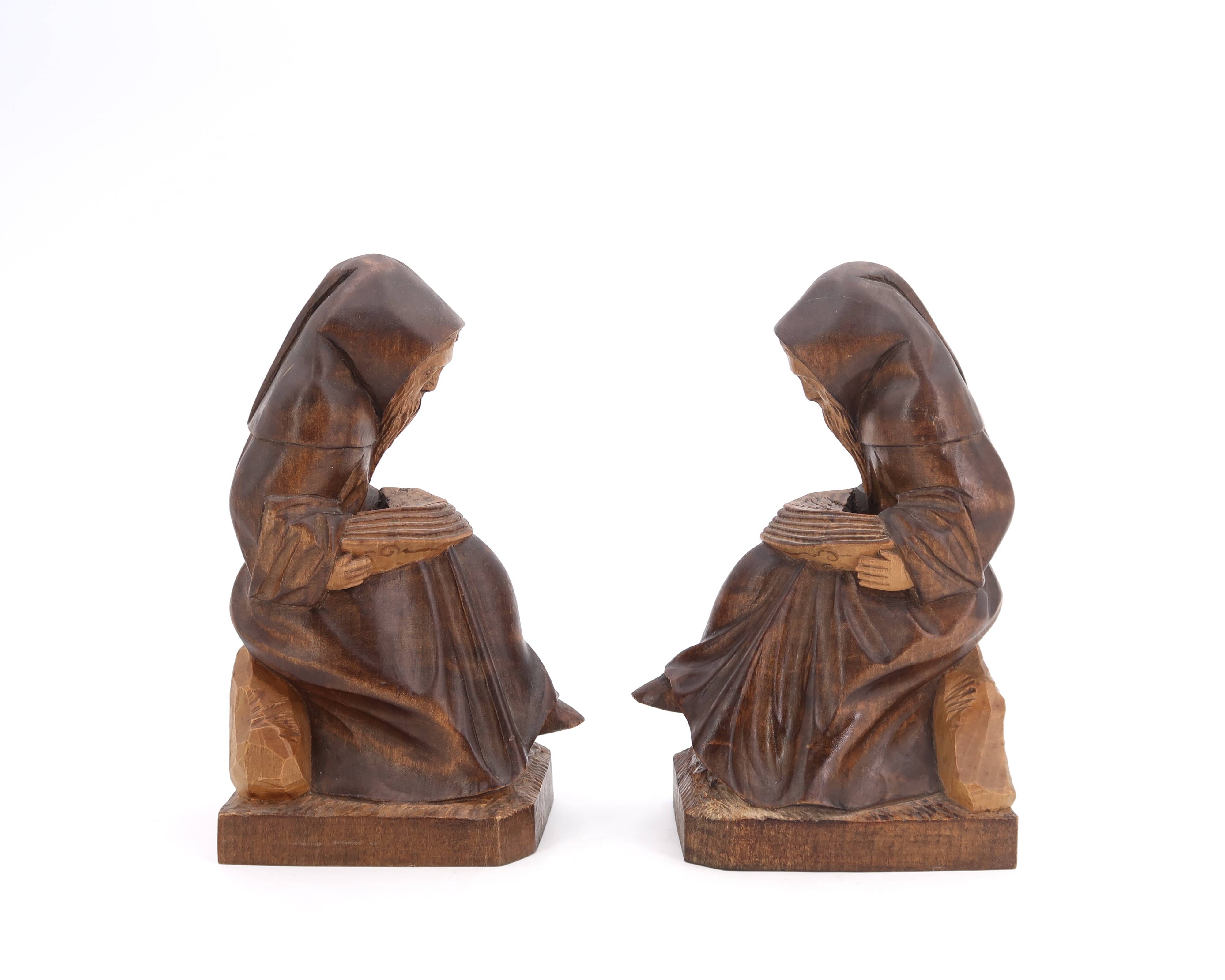 Wooden bookends monks reading, 80s